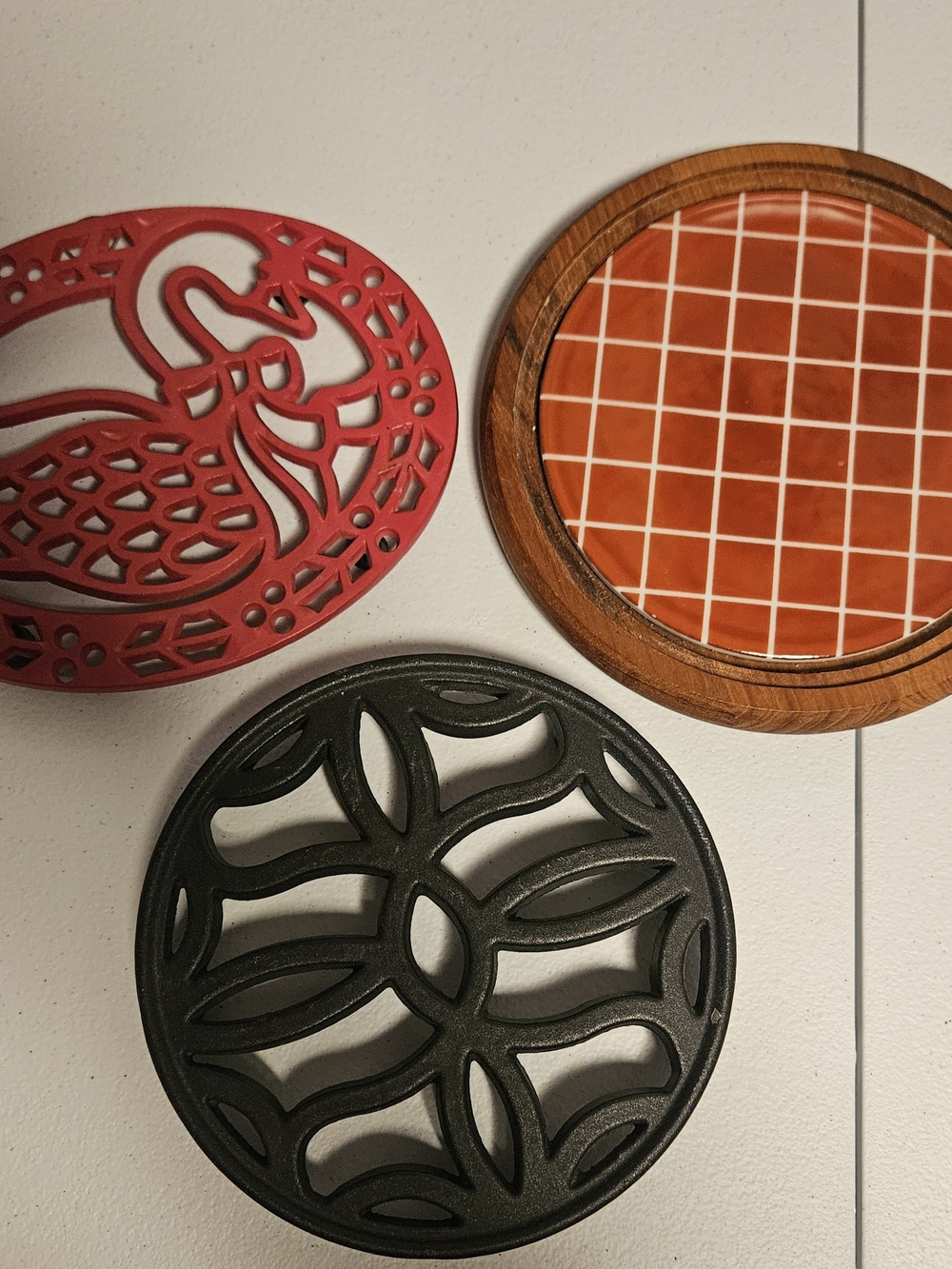 Set of 3 Decorative Trivets -2 cast Iron/1 Wood w/ Tile